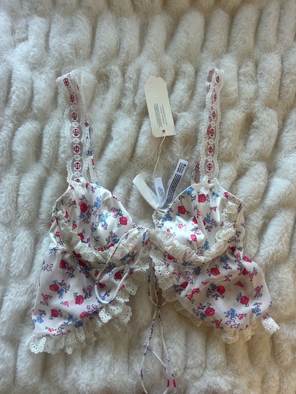 For Love & Lemons White Floral Lace-Trim Bralette with Pink & Blue Flowers